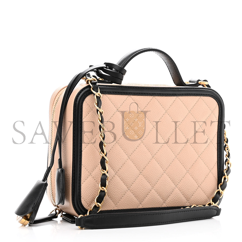 Ch*el caviar quilted medium cc filigree vanity case beige black (20*15*8cm)